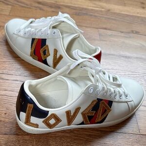 Gucci White Leather Sneakers with Gold 'LOVE' Appliqué and Red & Navy Stripes